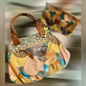 Fossil Key-Per Colorful Large Tote + Cosmetic Bag Coated Canvas Shoulder Purse